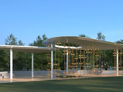 Modern Pergola Design With Curved Metallic Roof Golden Hanging Elements Surrounded By Green Trees 3d model