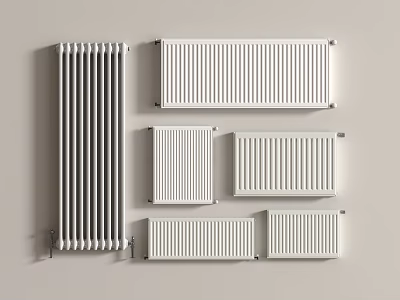 Various Styles And Sizes Of White And Silver Radiators Mounted On Light Colored Wall 3d model