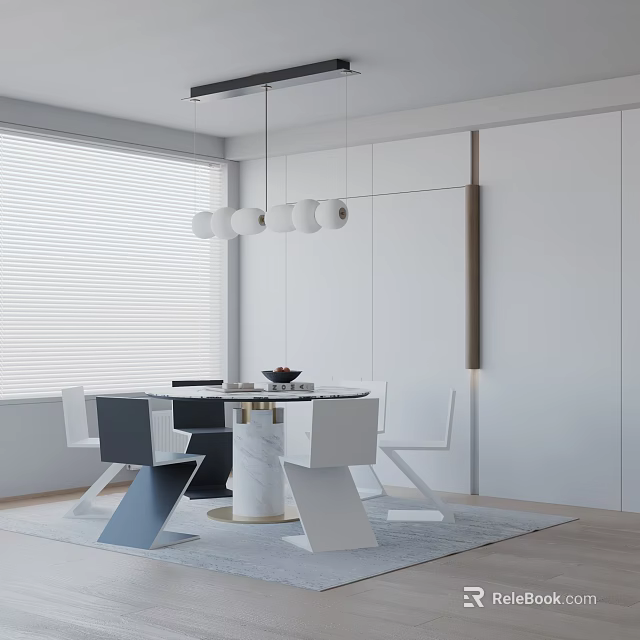 Modern Dining Table Set With Marble Top Chairs Pendant Lights And White Window Blinds 3d model