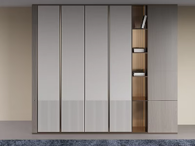 Modern Wardrobe With Sliding Doors Gray Panels And Wooden Open Shelves 3d model