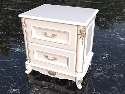 White Ornate Nightstand With Two Drawers And Gold Handles Carved Legs 3d model