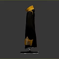 Black military style jacket with yellow collar cuffs and gold buttons on display stand