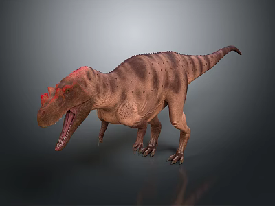 3D Rendered T Rex Dinosaur Character With Red Eyes Open Mouth And Brown Striped Skin 3d model