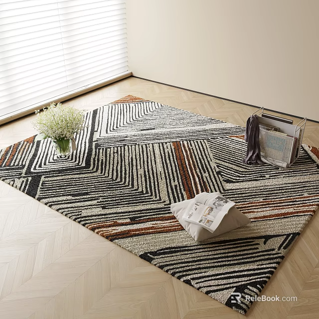 Stylish Square Rug with Geometric Stripe Pattern and Flowers on Wooden Floor 3d model 