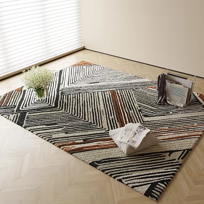 Stylish Square Rug with Geometric Stripe Pattern and Flowers on Wooden Floor 3d model