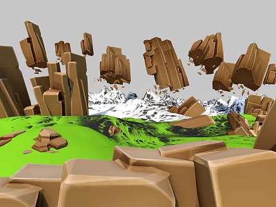 Floating Brown Block Like Structures Over Green Ground With Distant Snowy Mountains 3d model