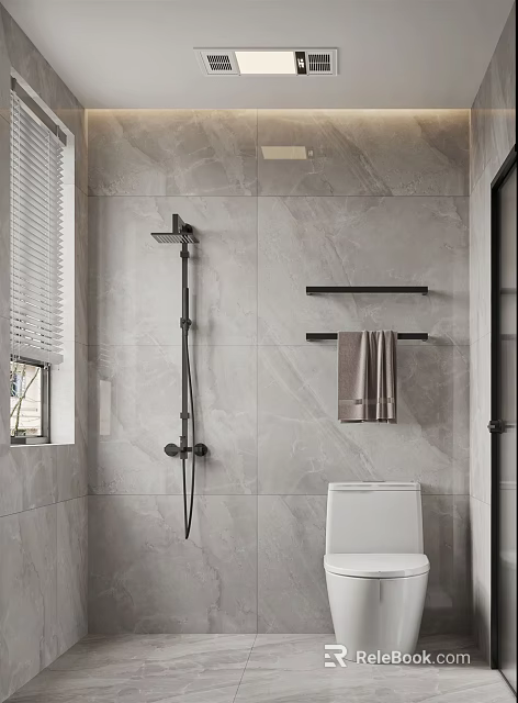 Modern Bathroom With Gray Tiled Walls Shower Head Towel Rack Towel Toilet And Venetian Blinds 3d model 