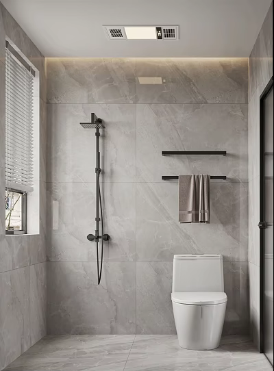 Modern Bathroom With Gray Tiled Walls Shower Head Towel Rack Towel Toilet And Venetian Blinds 3d model