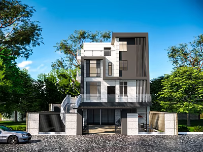 Modern Detached Villa Exterior Design With Black White Facade Large Glass Windows And Green Trees 3d model