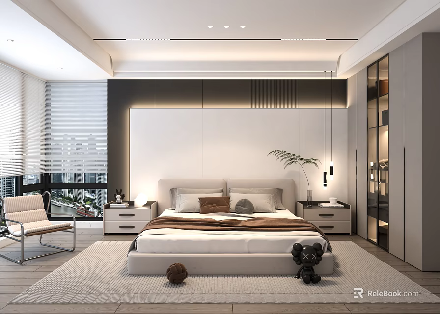 Modern Minimalist Bedroom With Large Bedside Tables Floor to Ceiling Windows and City View 3d model 