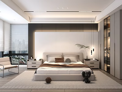 Modern Minimalist Bedroom With Large Bedside Tables Floor to Ceiling Windows and City View 3d model