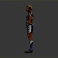 Red Skinned Figure In Intricate Patterned Bodysuit White Socks Colorful Shoes Arms Outstretched Gray Background