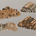 Various Types of Stone and Wood in Stacked Piles and Natural Forms