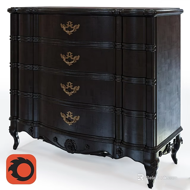Classic Dark Wooden Cabinet With Multiple Drawers Golden Handles Carved Legs And Intricate Details 3d model 