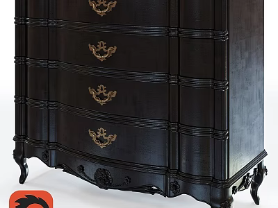 Classic Dark Wooden Cabinet With Multiple Drawers Golden Handles Carved Legs And Intricate Details 3d model