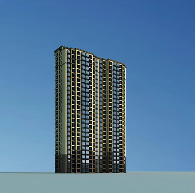 Modern High Rise Residential Building Exterior With Glass Windows Against Blue Sky 3d model