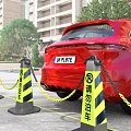 Parking Lot With Red Car Yellow Black Warning Posts No Parking Signs Building Trees