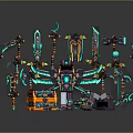 Futuristic Neon Glowing Weapons Collection With Swords Axes Daggers And Treasure Chest