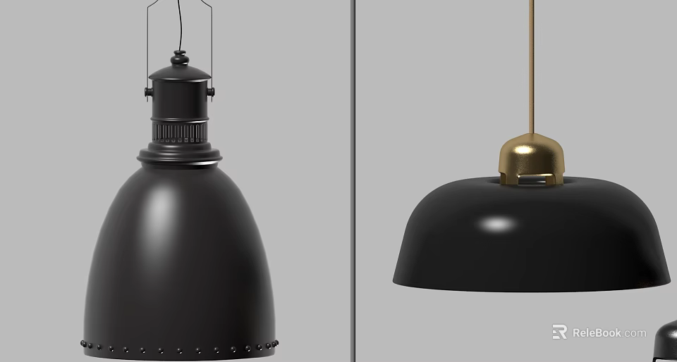 Modern Black Pendant Lights With Riveted Details And Golden Top Design 3d model 