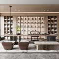 Modern Tea Room Interior With Wooden Bookshelves Tea Sets And Potted Plants