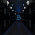 Futuristic KTV Corridor Design With Blue Lighting And Circular Sign Decor