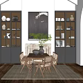 Cozy Restaurant Interior with Wooden Dining Table Wicker Back Chairs Shelves Decorations Dishes Fireplace Plant