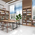 Book Art Inspired Library Interior With Shelves Natural Light And Plants