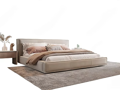 Modern Elegant Double Bed With Soft Blanket Decorative Pillows Wooden Nightstand And Woven Rug 3d model