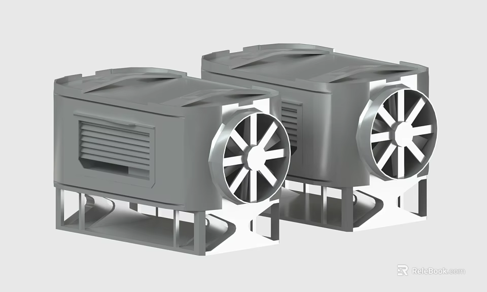 Two Gray Industrial Fans With Square Housing And Circular Rotor Blades 3d model 