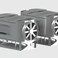 Two Gray Industrial Fans With Square Housing And Circular Rotor Blades