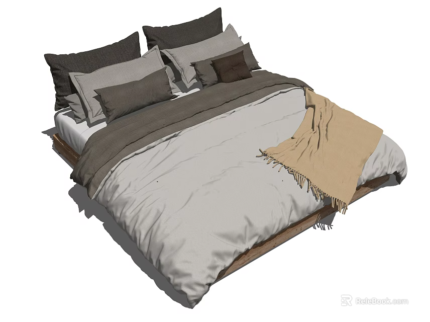 Modern Minimalist Double Bed With Gray And Brown Pillows And Beige Blanket 3d model 