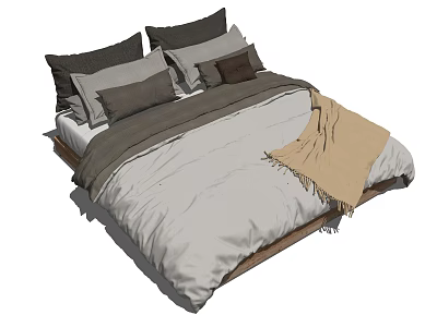 Modern Minimalist Double Bed With Gray And Brown Pillows And Beige Blanket 3d model