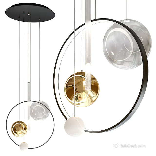 Modern Contemporary Chandelier Design With Circular Frame And Glass Gold White Balls 3d model 
