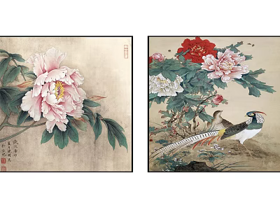 Traditional Chinese Botanical Paintings With Pink Red Peonies Green Leaves And Bird 3d model
