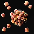 Juicy Fresh Ripe Peaches In Glass Bowl With Green Leaf And Reflections