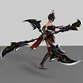 Game and Movie Character with Cat Ears Wielding Dual Axe Spear in Red Black Outfit