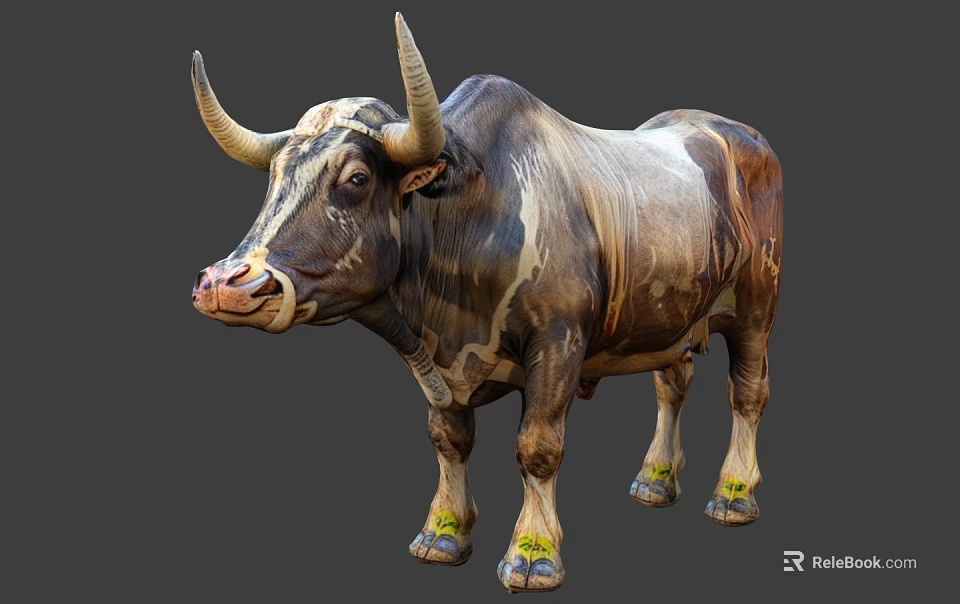 Majestic Bull With Curved Horns And Brown White Fur Standing On Gray Background 3d model 