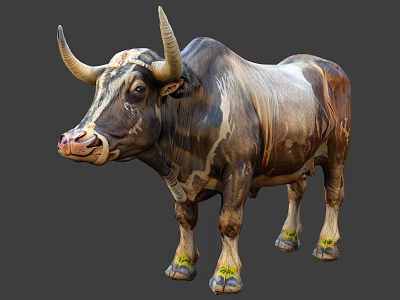 Majestic Bull With Curved Horns And Brown White Fur Standing On Gray Background 3d model