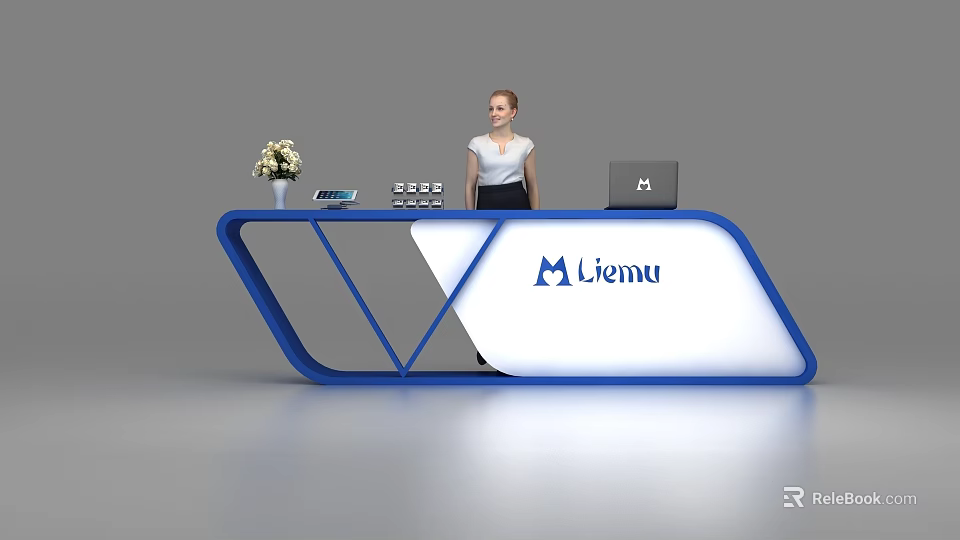 Modern Blue And White Reception Desk With Liemu Logo Receptionist Flower Vase And Laptop 3d model 