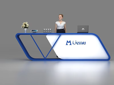 Modern Blue And White Reception Desk With Liemu Logo Receptionist Flower Vase And Laptop 3d model