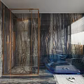 Modern Bathroom With Marble Textured Walls Unique Mirror And Black Sink