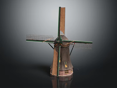 Traditional Windmill Model with Wooden Structure Four Green Blades and Small Windows Detailed Design 3d model
