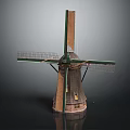 Traditional Windmill Model with Wooden Structure Four Green Blades and Small Windows Detailed Design