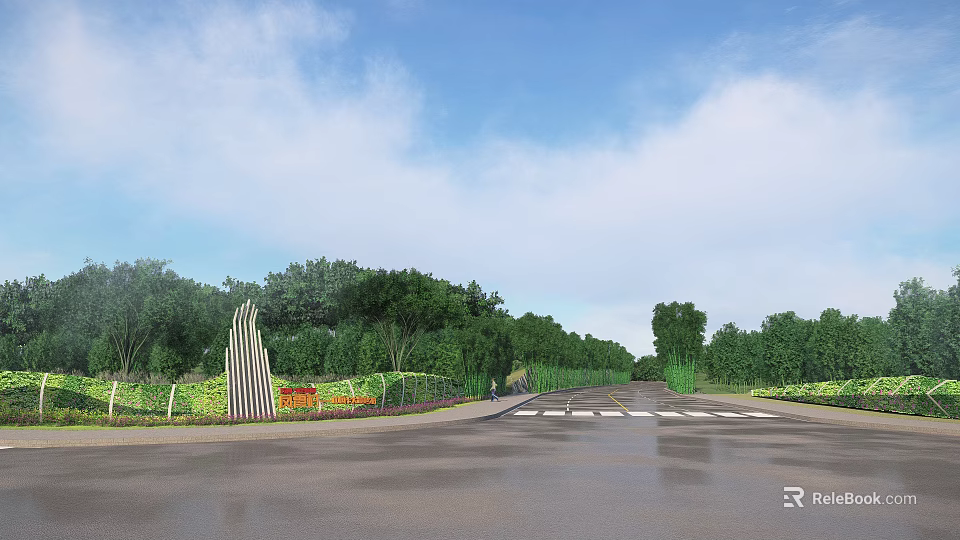 Modern Contemporary Building Facade With Sleek Design Greenery And Open Roadway 3d model 
