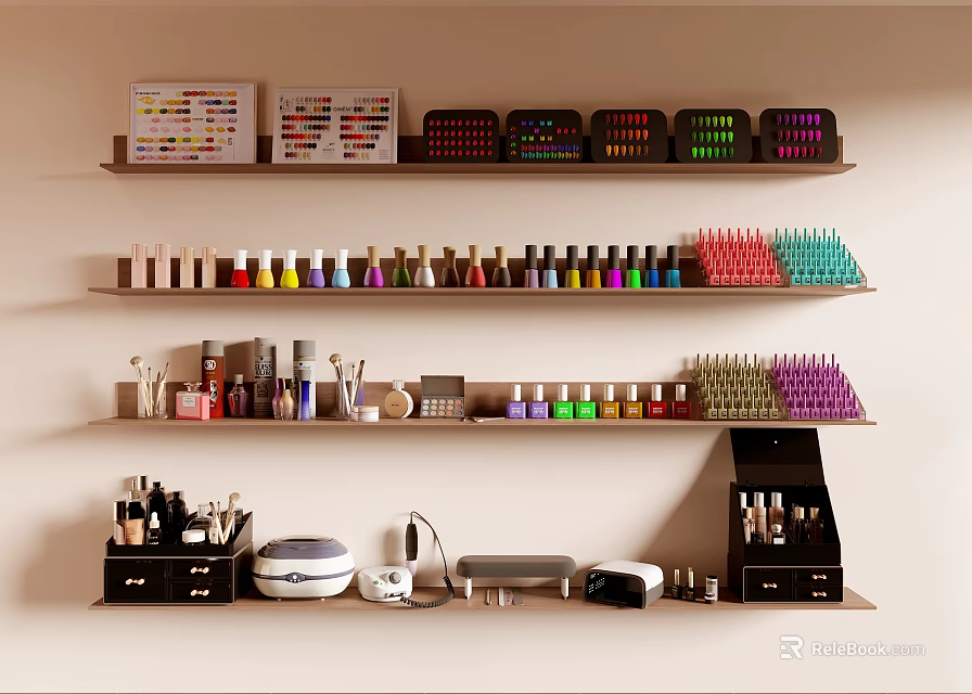 Organized Nail Supplies Display With Colorful Polish And Tools On Shelves 3d model 
