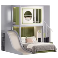 Green And White Kids Bunk Bed With Slide Stairs Circular Window And Gray Mattress