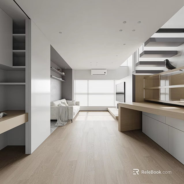 Modern Minimalist Apartment Interior With Sofa Storage And Light Wood Flooring 3d model 