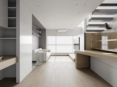 Modern Minimalist Apartment Interior With Sofa Storage And Light Wood Flooring 3d model