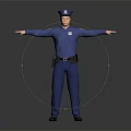 Police Officer In Blue Uniform Standing With Arms Outstretched Against Dark Background