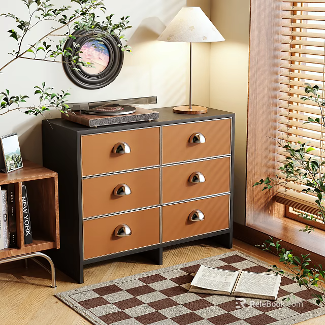 Modern Chest of Drawers with Black Frame Orange Drawers Silver Handles Green Plants and Blinds 3d model 
